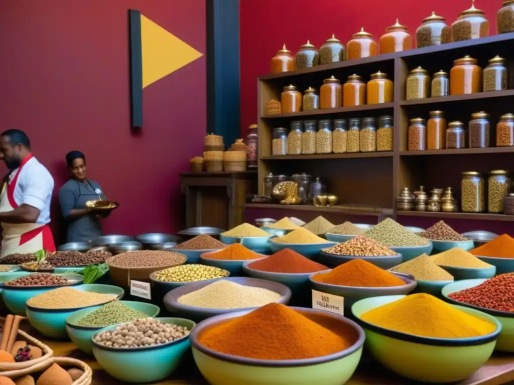 Un mercado de especias colonial con significado cultural, donde un chef africano enseña sobre cocina tradicional