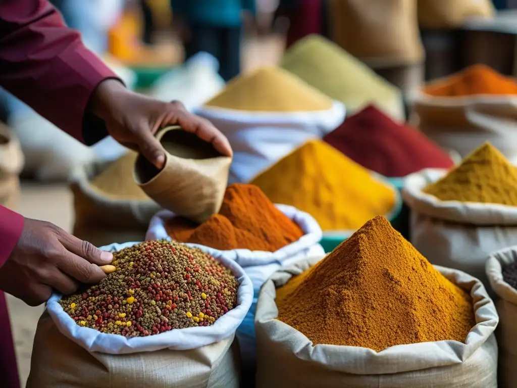 Un mercado de especias histórico Mongol-India detallado, con una mezcla vibrante de colores y texturas en las manos del vendedor