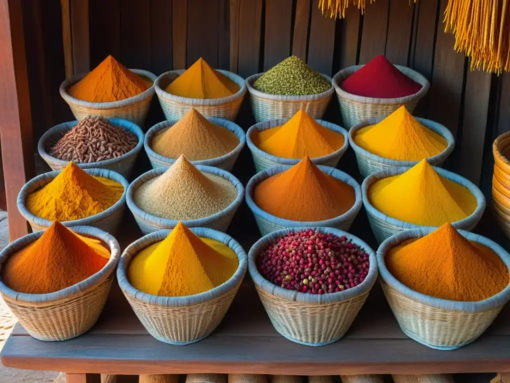 Un mercado de especias en Zanzíbar, África Oriental, con colores vibrantes y exóticas especias en cestas y mesas de madera