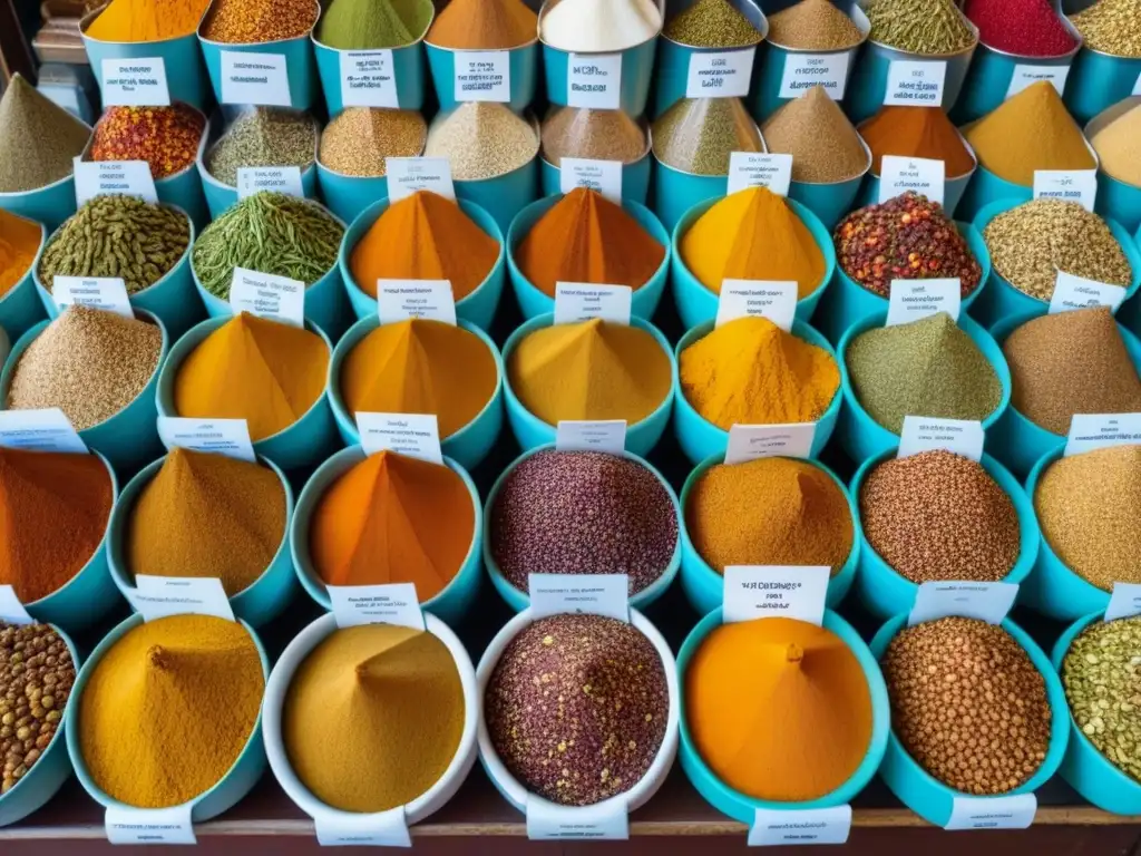 Un mercado de especias del Sur de Asia rebosante de color y texturas, reflejando el impacto culinario del Raj Británico