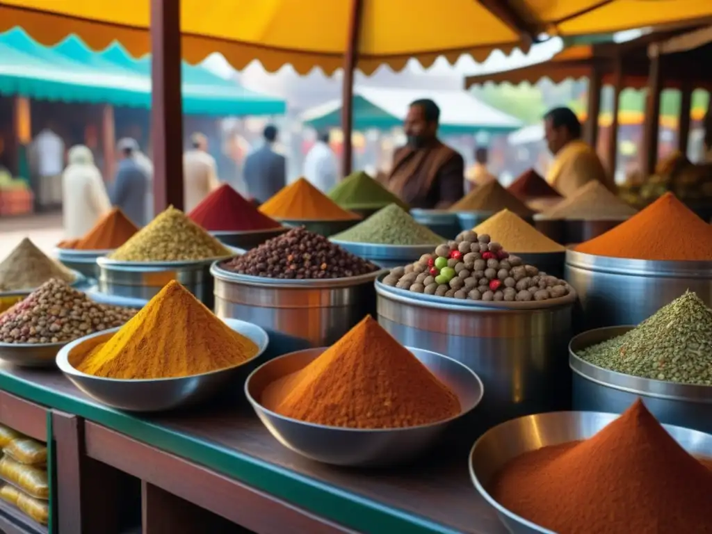 Un mercado de especias tradicional en la India, con colores vibrantes y clientes examinando productos