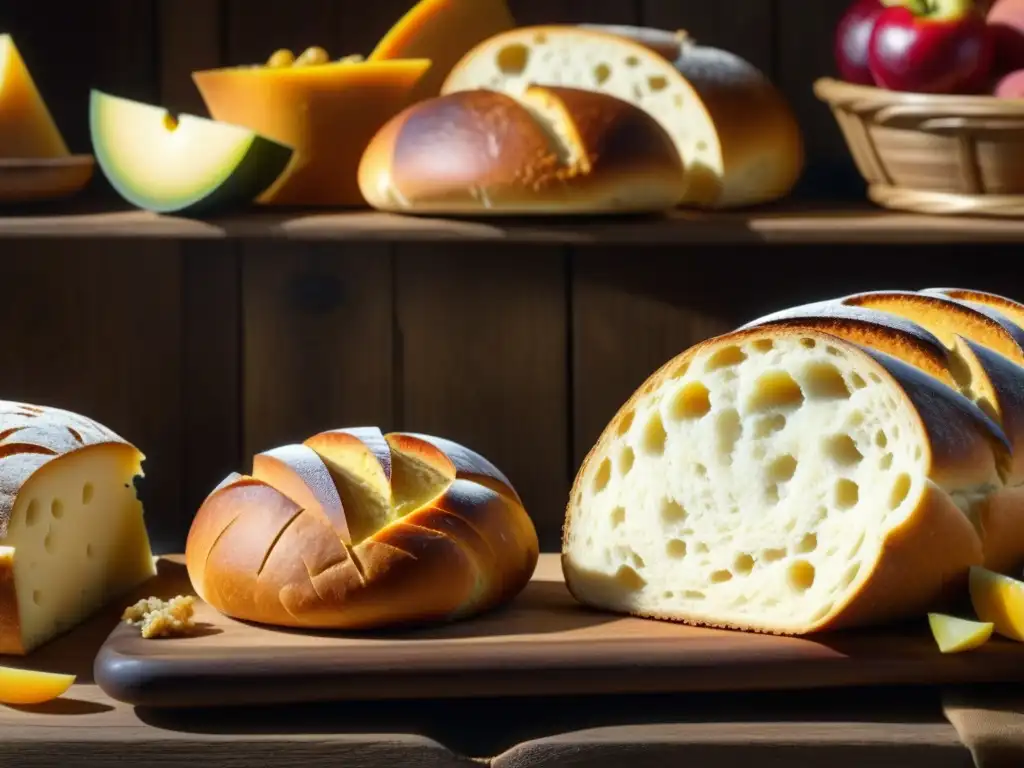 Un mercado europeo del siglo XIX con alimentos históricos Europa siglo XIX: pan recién horneado, frutas coloridas, quesos añejos y embutidos