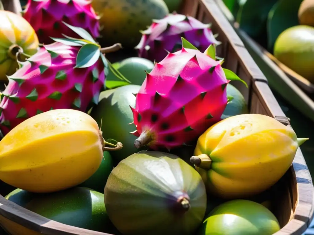 Un mercado flotante en Asia con frutas tropicales vibrantes apiladas en un bote de madera, vendedores locales y clientes negociando