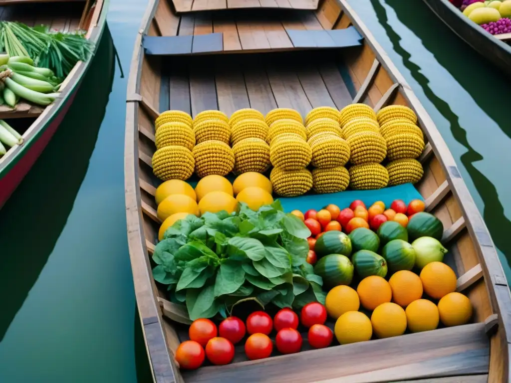 Un mercado flotante en Asia rebosante de vida, con una embarcación de madera desgastada y productos frescos coloridos