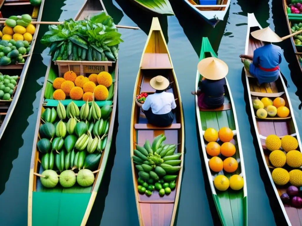 Un mercado flotante en Asia cobra vida con colores vibrantes, productos exóticos y calidez humana