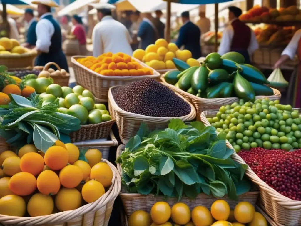 Un mercado francés del siglo XVII rebosante de gastronomía: cestas llenas de frutas, verduras y hierbas, comerciantes y chefs bajo la luz del sol