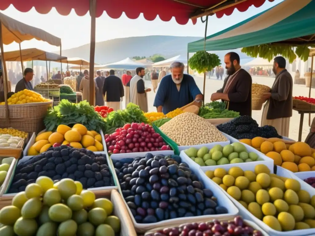Un mercado griego antiguo bullicioso con vendedores y productos frescos, destacando la dieta sostenible en la Antigua Grecia