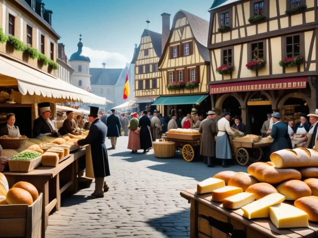 Un mercado histórico europeo del siglo XIX lleno de vida y alimentos tradicionales