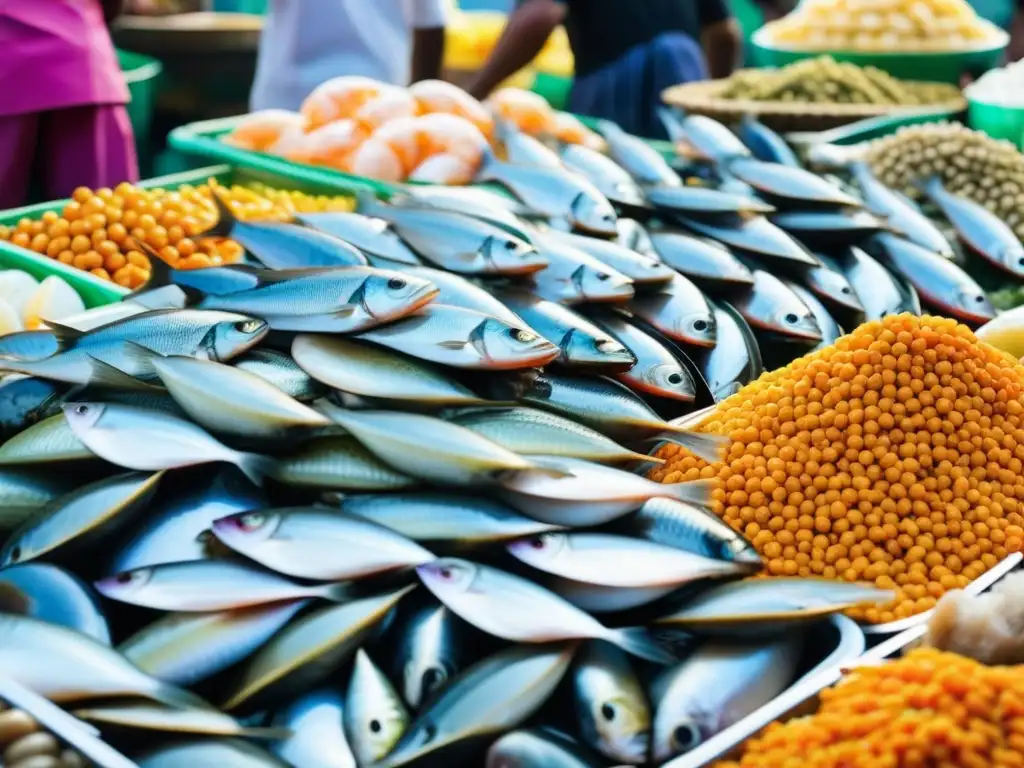 Un mercado de mariscos vibrante en un pueblo costero del sur de Asia, con una variedad de pescados frescos y clientes animados