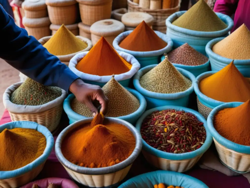 Un mercado marroquí lleno de vida y color, donde un vendedor experto mezcla especias para un cuscús, mostrando la riqueza de la cocina norteafricana