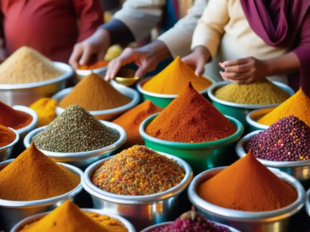 Mercado marroquí vibrante con especias coloridas, mostrando la tradición culinaria festividades Magreb