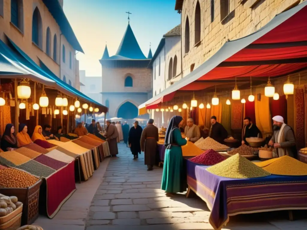 Un mercado medieval bullicioso con alimentos importados en Europa durante las Cruzadas, tejidos coloridos y arquitectura antigua