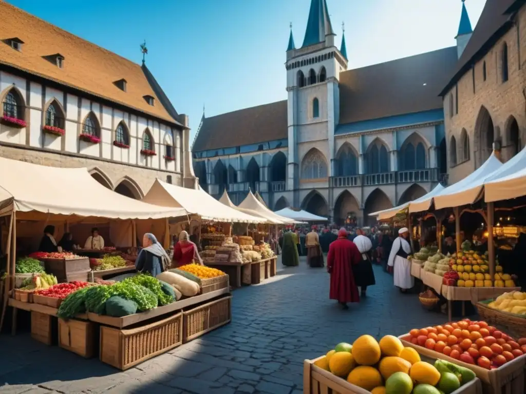 Un mercado medieval bullicioso con puestos de frutas, verduras, especias y carnes