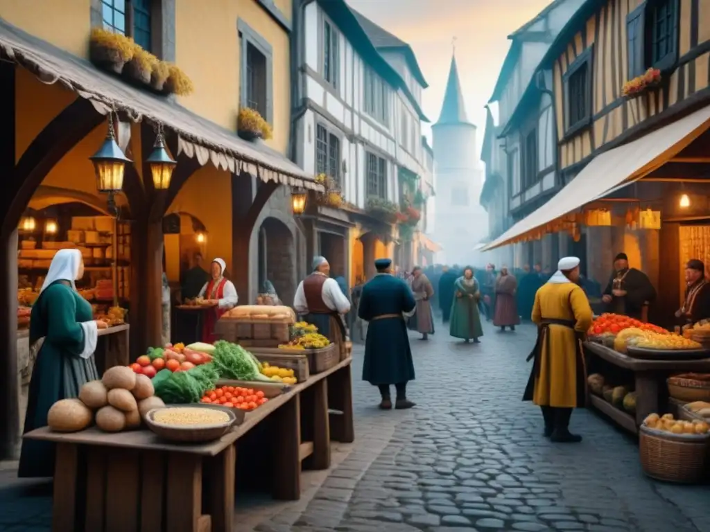 Un mercado medieval bullicioso con vendedores de frutas, pan y especias