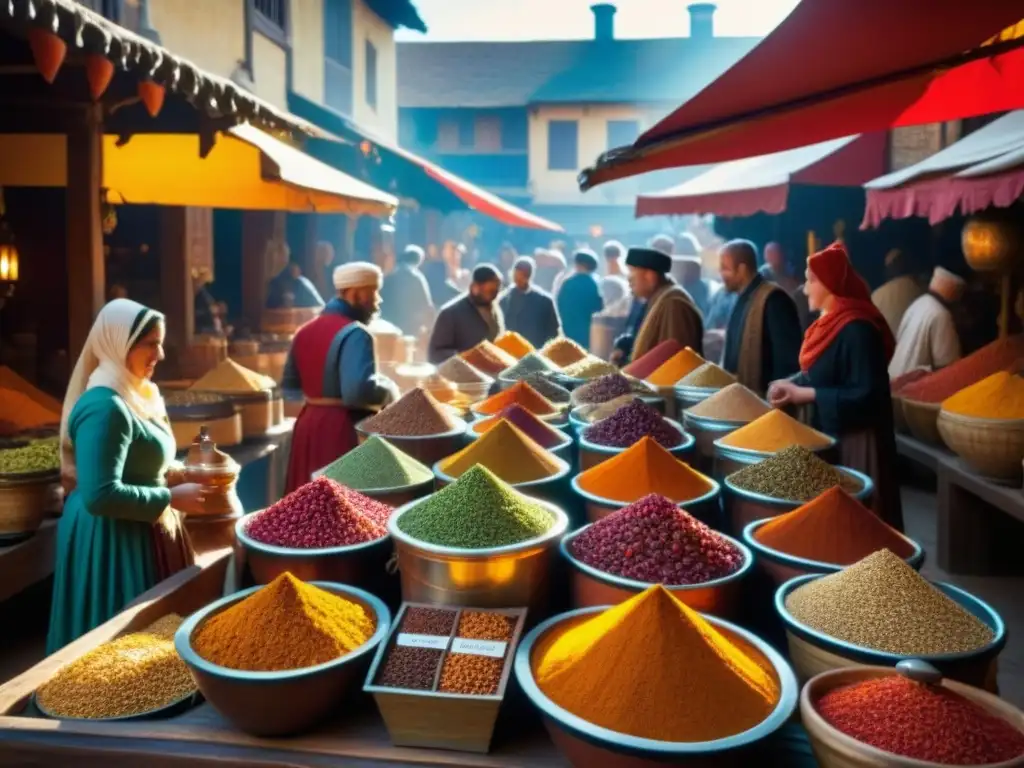 Un mercado medieval rebosante de vida y colores, donde las especias sorprenden y maravillan a los clientes