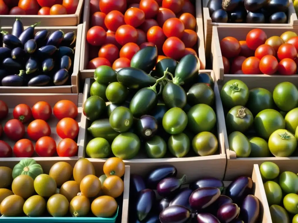 Un mercado mediterráneo vibrante con coloridas frutas y verduras frescas