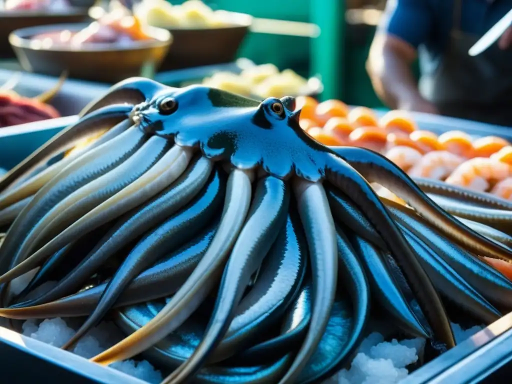 Un mercado de pescado otomano bullicioso y vibrante, con detalles históricos y pescados exóticos en hielo