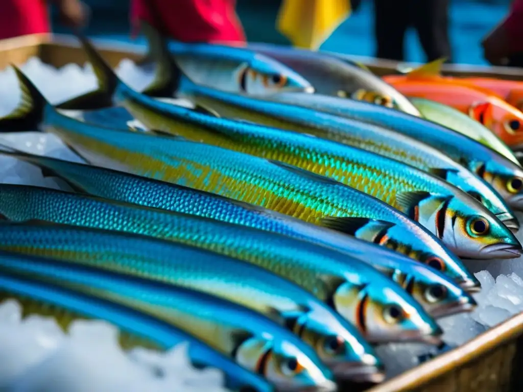 Un mercado de pescado vibrante y colorido en Asia del Sur, con pescados frescos en hielo