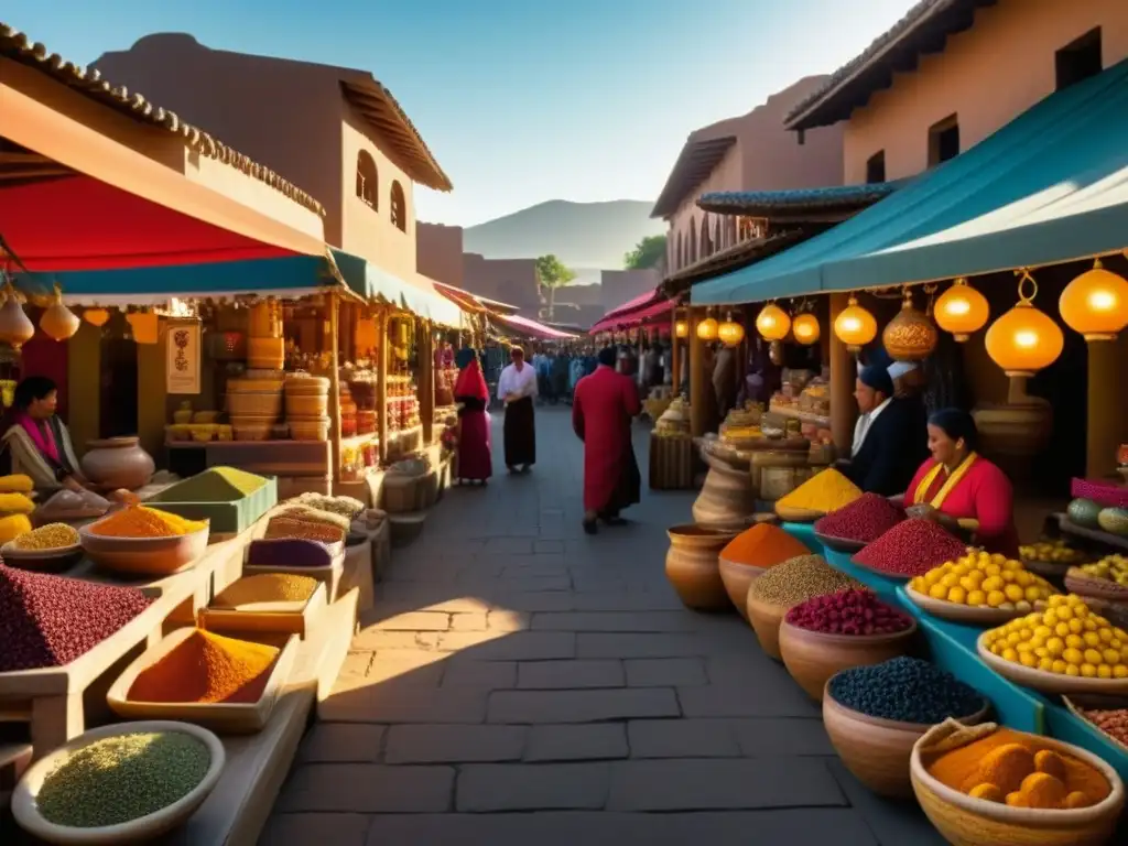 Mercado de AlÁndalus: colores, especias y cultura en la gastronomía Un mercado vibrante de AlÁndalus con influencia Abásida en gastronomía, repleto de especias, frutas y cerámica colorida