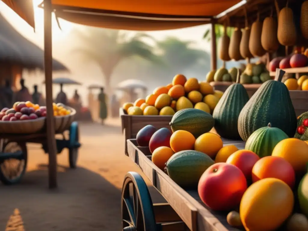 Un mercado vibrante en África antigua con frutas exóticas en carros de madera y cestas