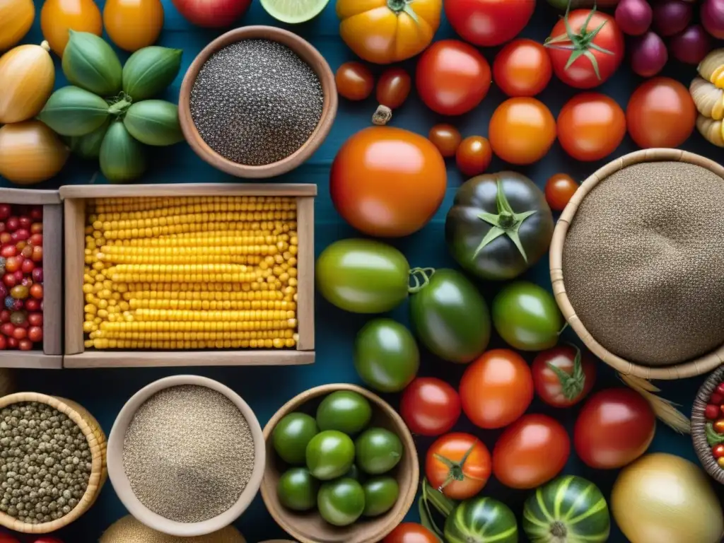 Un mercado vibrante de la cocina prehispánica con productos orgánicos coloridos