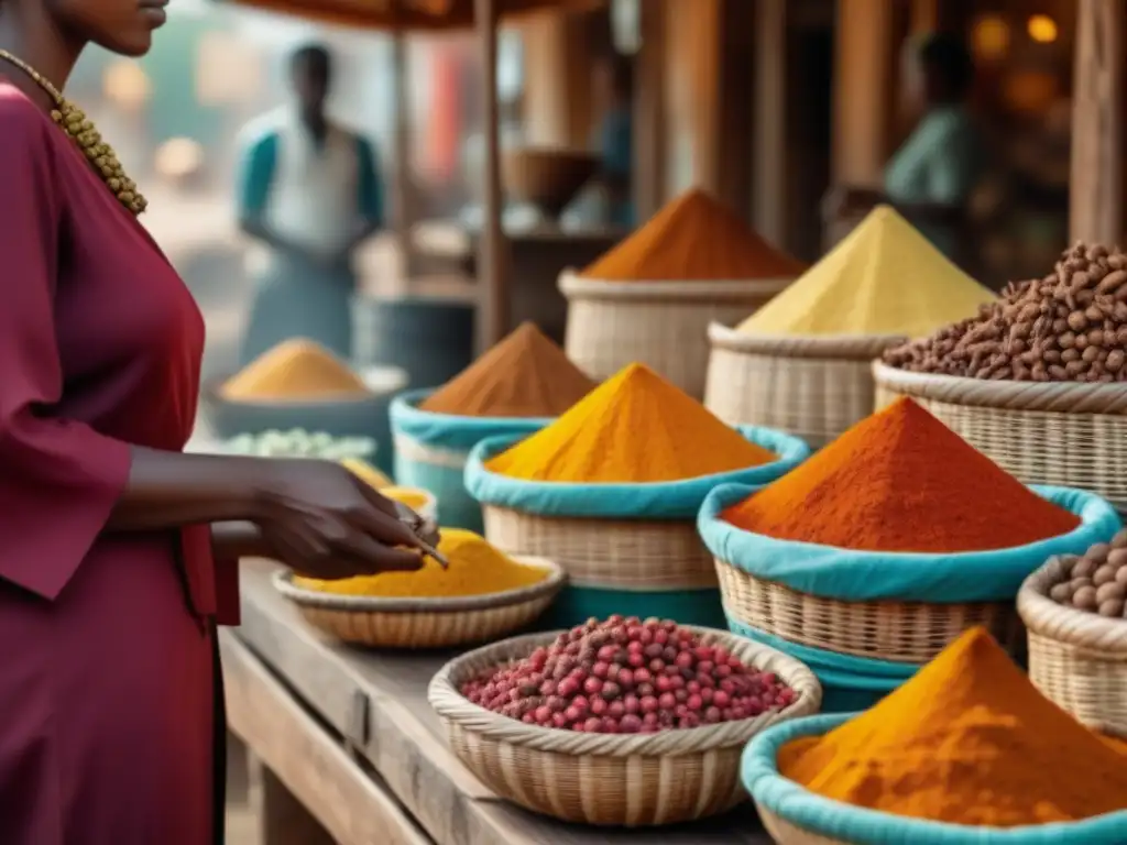 Un mercado vibrante en Zanzíbar con especias coloridas y vendedor local mezclando recetas tradicionales África Oriental especias