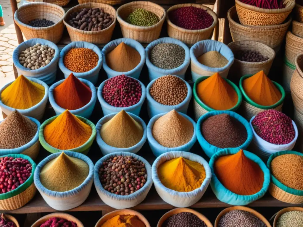 Un mercado vibrante en Stone Town, Zanzíbar con una variedad de especias coloridas: clavos, canela, cardamomo y nuez moscada