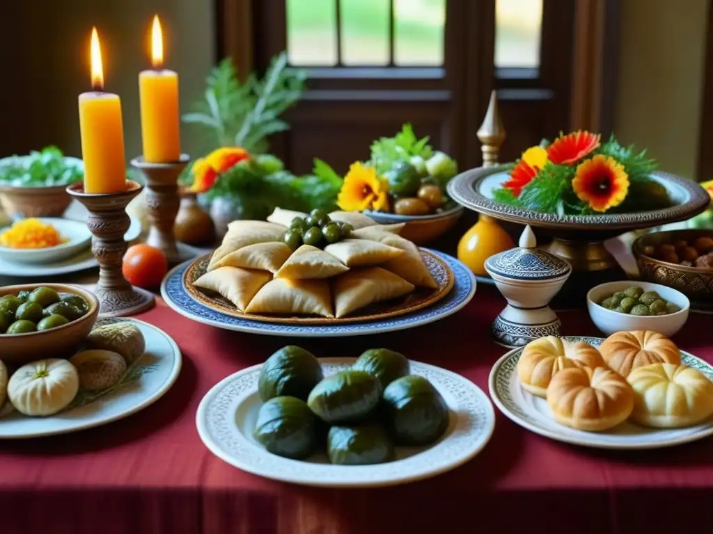 Mesa armenia festiva con recetas históricas, decorada con cerámica y flores, iluminada por suave luz natural