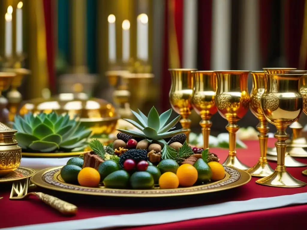 Una mesa de banquete antigua y lujosa, decorada con exóticos alimentos y especias, en un salón lleno de figuras históricas