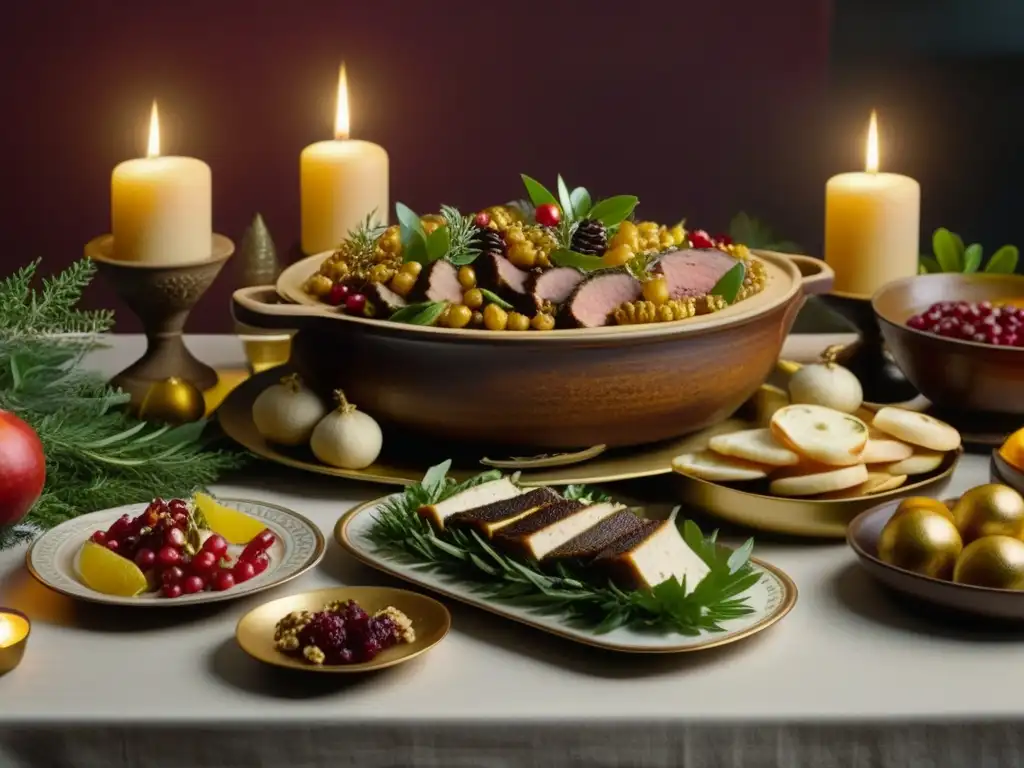 Una mesa de banquete de la antigua Grecia con platos y vino, evocando una cocina mitológica antigua Grecia