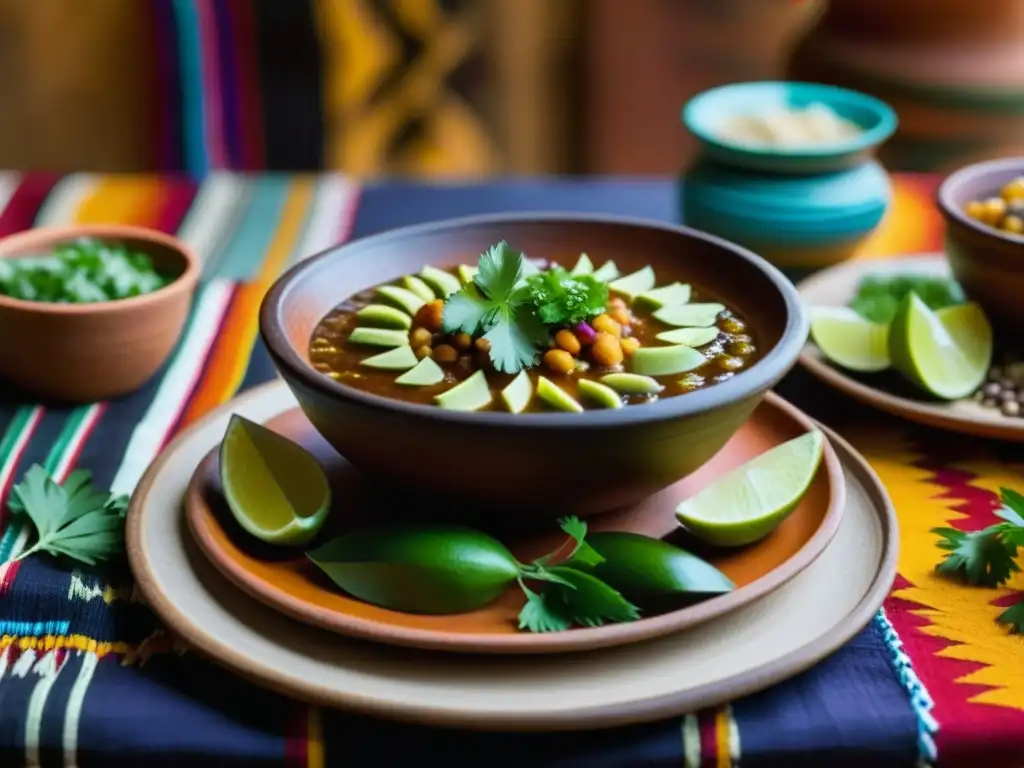 Una mesa de banquete azteca con recetas prehispánicas nutrientes en vibrantes colores y detallados ingredientes