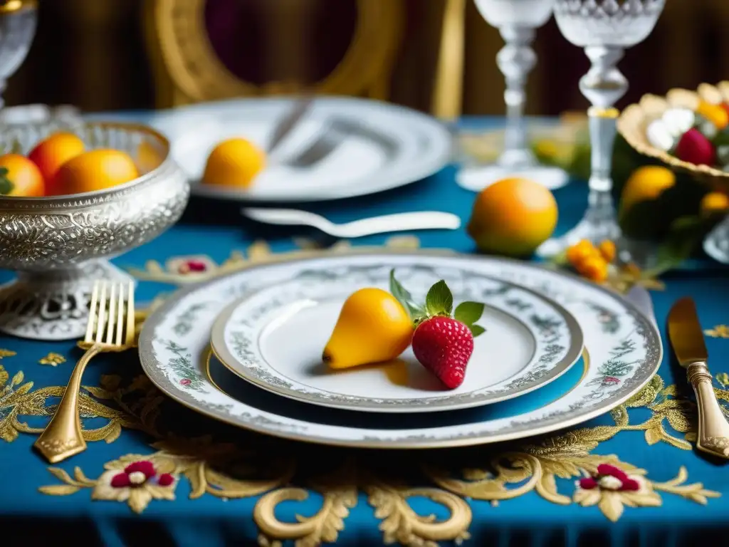 Banquete barroco: opulencia y detalle en una mesa exquisitamente decorada Una mesa de banquete barroco con cubiertos de plata, porcelana decorada, copas de cristal y una cornucopia rebosante de frutas y flores