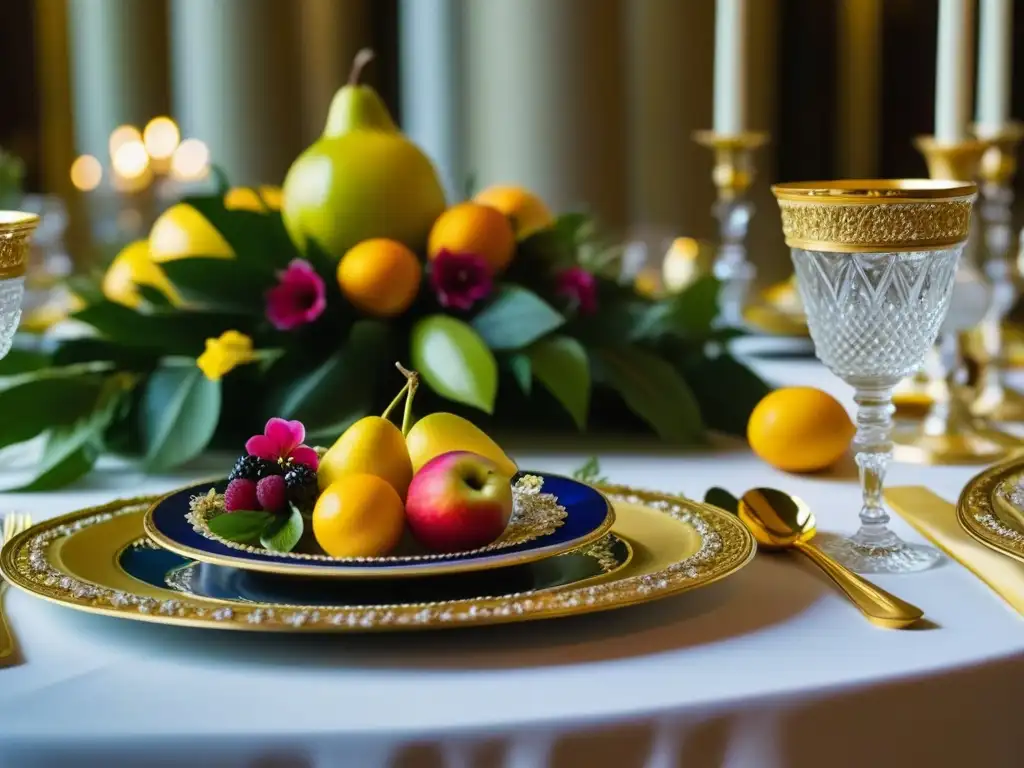 Esplendor barroco: mesa banquete lujosa Una mesa de banquete barroco exquisitamente decorada con platos y arreglos florales opulentos, evocando la historia gastronómica de la época