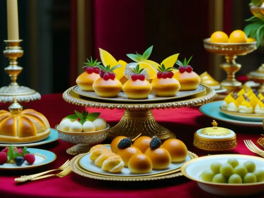 Una mesa de banquete barroco rebosante de manjares, evocando la opulencia culinaria de la época