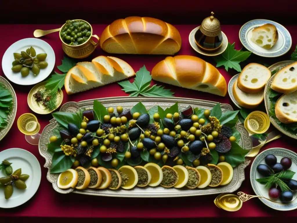 Una mesa de banquete bizantina con platos elaborados y coloridos