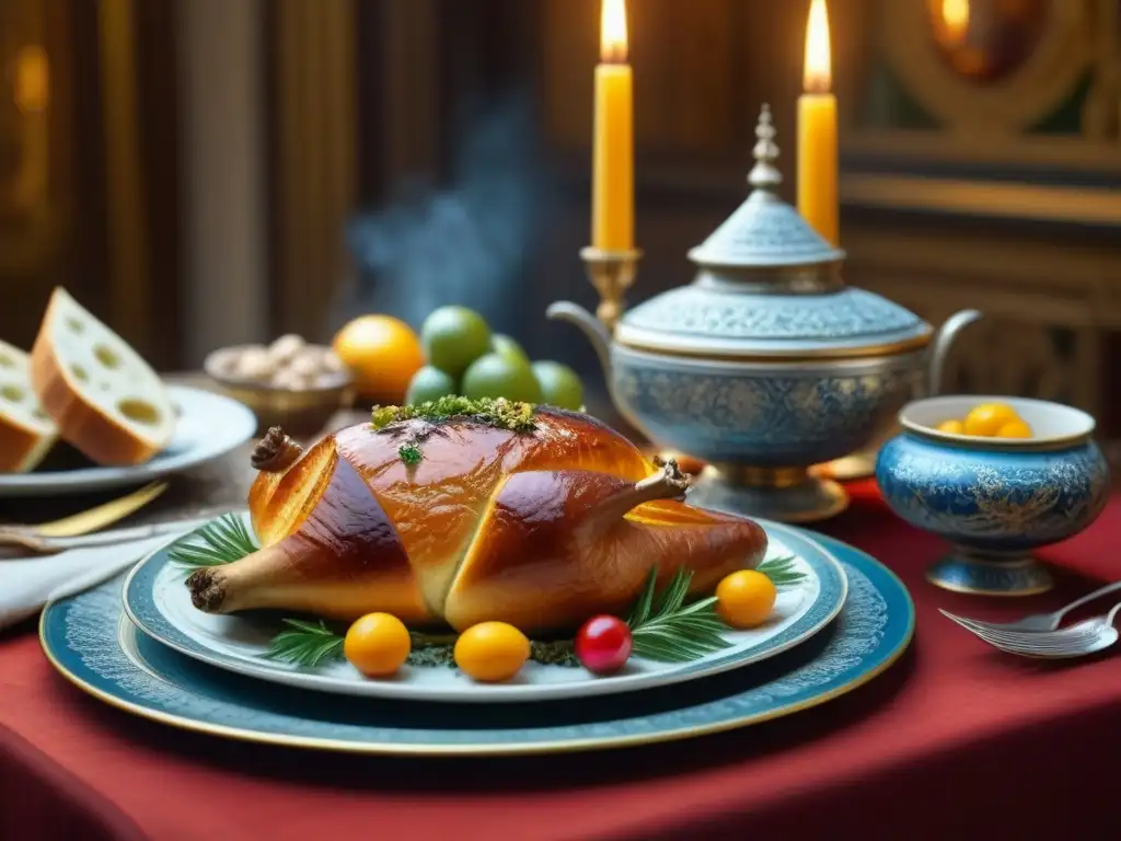 Una mesa de banquete bizantino llena de platos históricos y coloridos, iluminada por lámparas de aceite