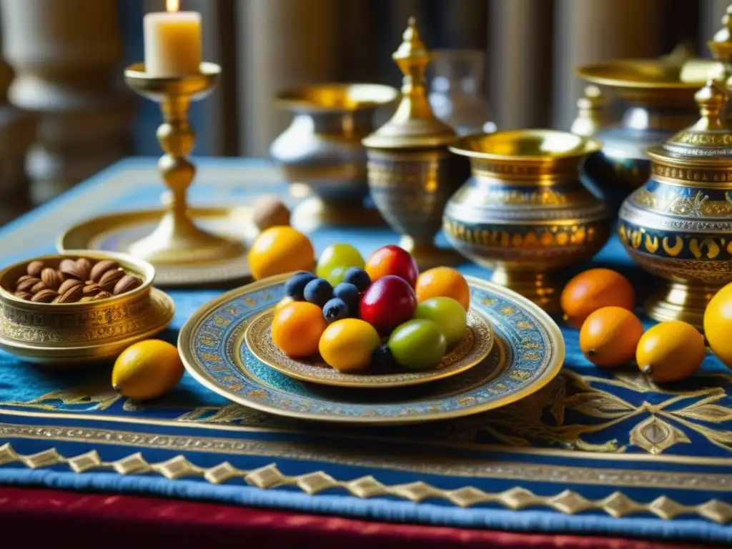 Banquete suntuoso en el estilo bizantino: opulencia culinaria Una mesa de banquete bizantino con lujosos ornamentos y exquisitos manjares, reflejando el legado gastronómico de los banquetes bizantinos