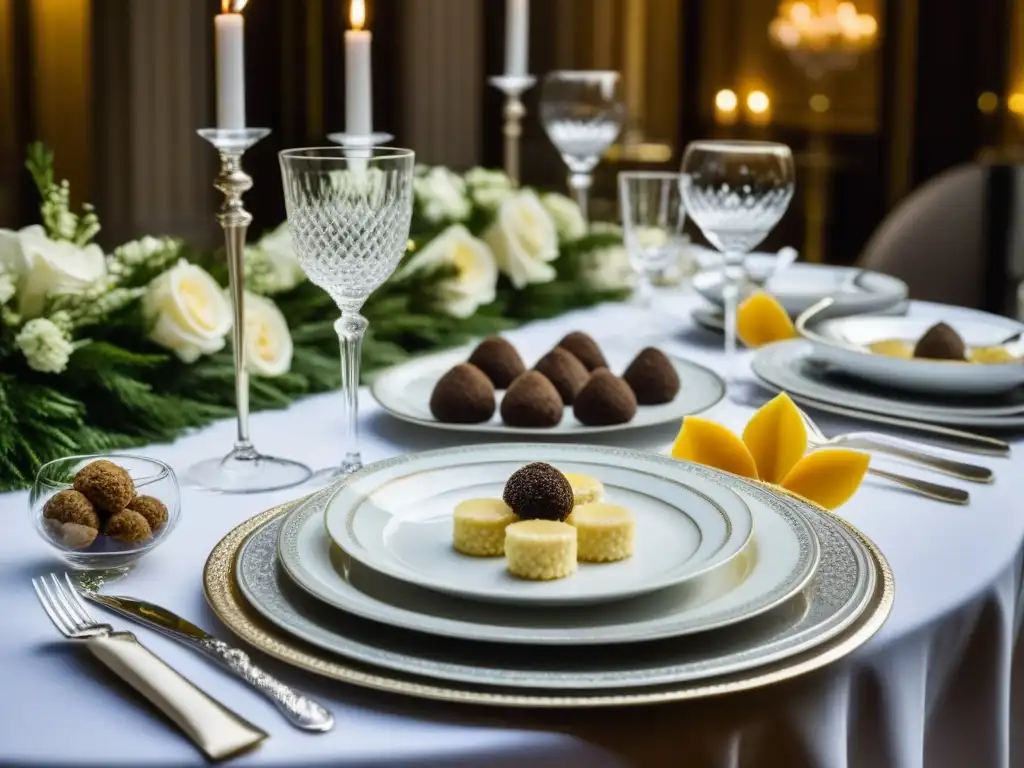 Una mesa de banquete de boda lujosa con exquisitas comidas trufadas, en un ambiente sofisticado y aristocrático