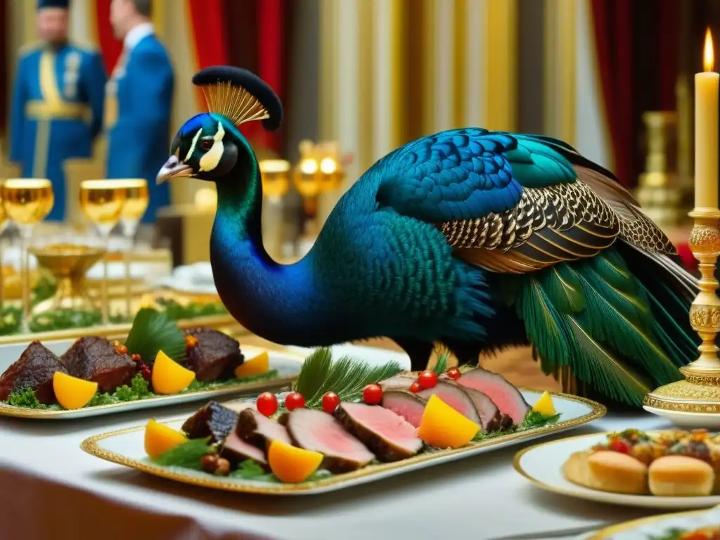 Una mesa de banquete con carnes exóticas en un palacio de los Zares, exudando historia culinaria y opulencia