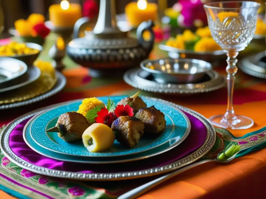 Una mesa de banquete Mughal lujosamente decorada con exquisita gastronomía y elegancia, creando un ambiente opulento