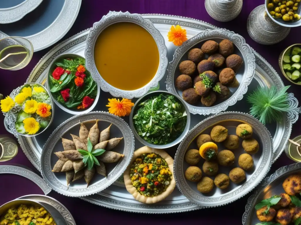 Una mesa de banquete detalladamente decorada con una fusión de cocina persa y mogol, resaltando la influencia persa en cocina mogol