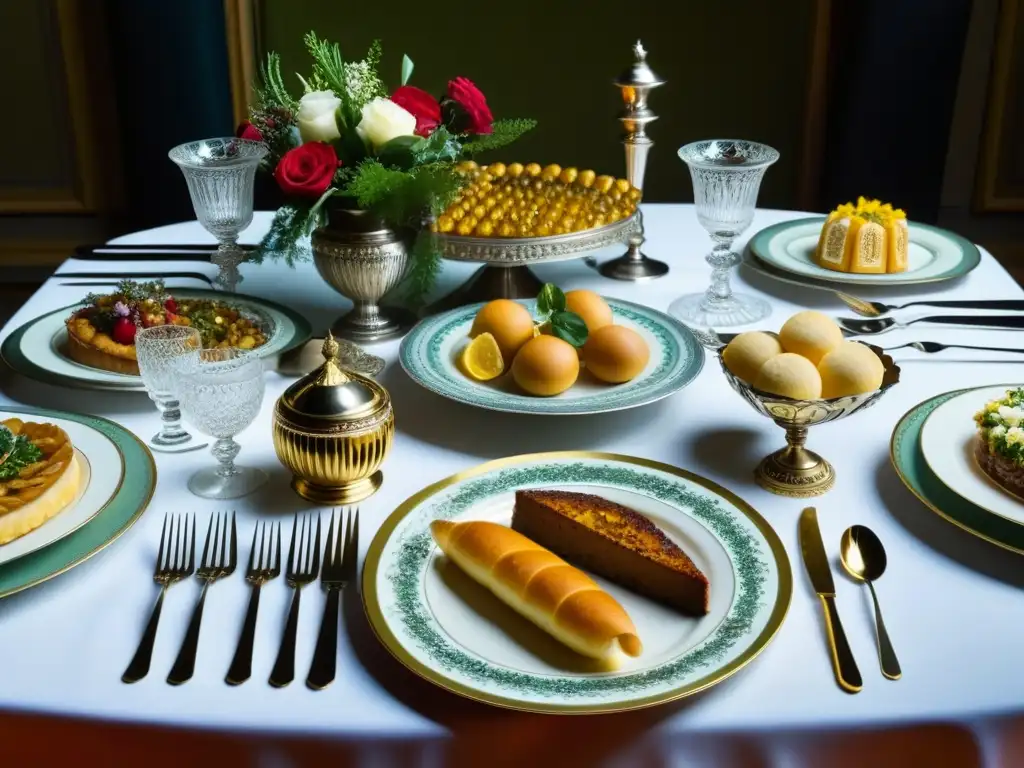 Una mesa de banquete detalladamente decorada con recetas históricas culturales épocas detalladas