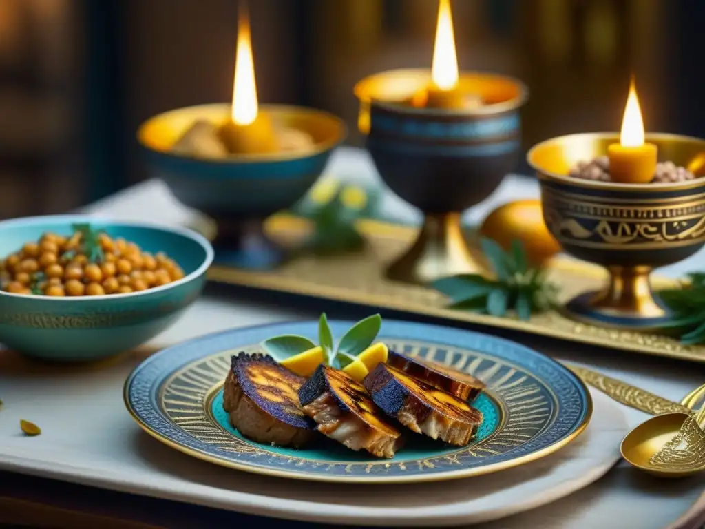 Una mesa de banquete egipcio antiguo con exquisitas recetas antiguas cocina Egipto, platos decorados con oro y grabados jeroglíficos