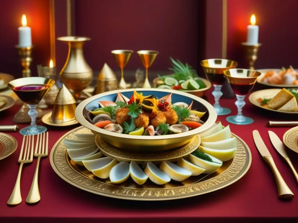 Una mesa de banquete egipcio antiguo llena de mariscos de lujo, adornada con especias exóticas y oro, evocando la opulencia culinaria de Egipto