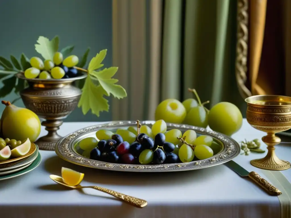 Una mesa de banquete griego antiguo llena de lujo y detalle, alimentos exquisitos y decoración elegante