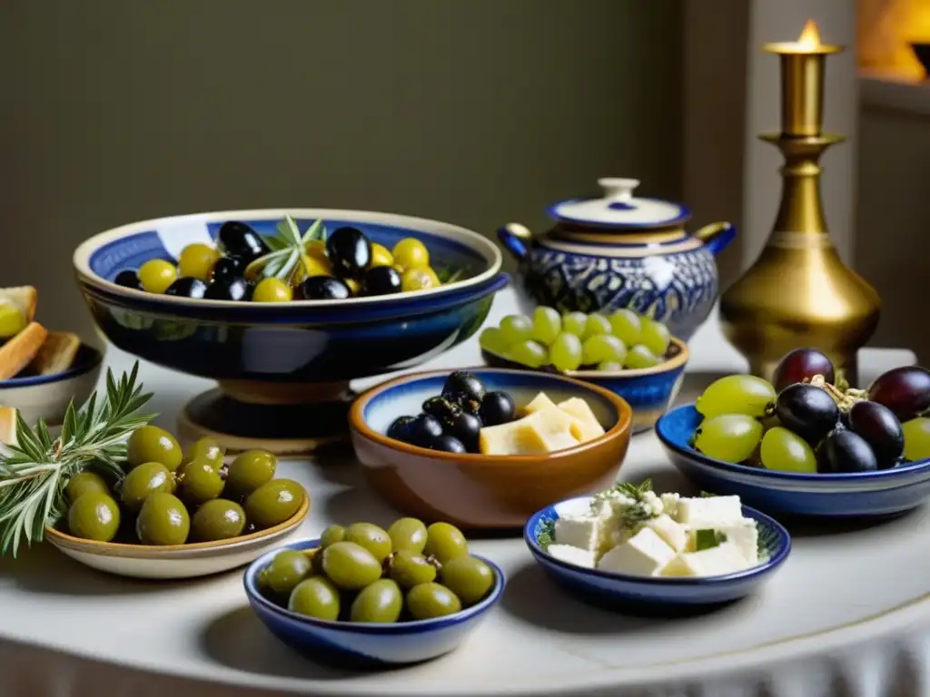 Una mesa de banquete griego antiguo con delicias y vajilla detallada, evocando recetas históricas salud mental Antigua Grecia