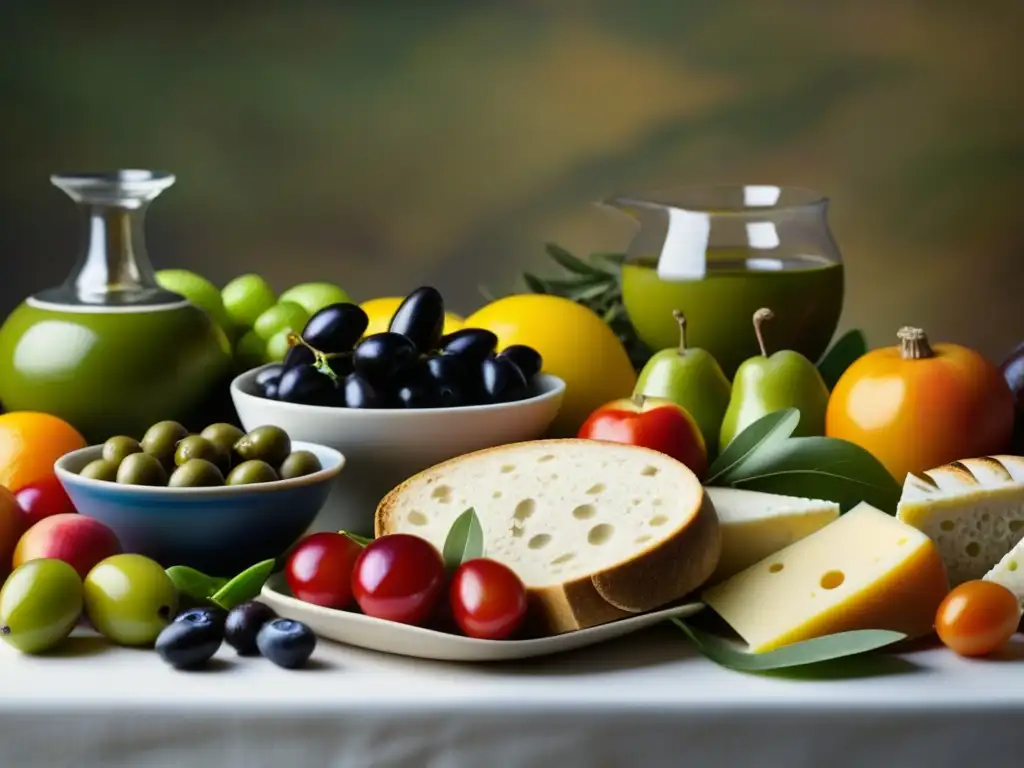 Una mesa de banquete griego antiguo con alimentos orgánicos frescos y coloridos, evocando la rica historia culinaria de Grecia y Roma