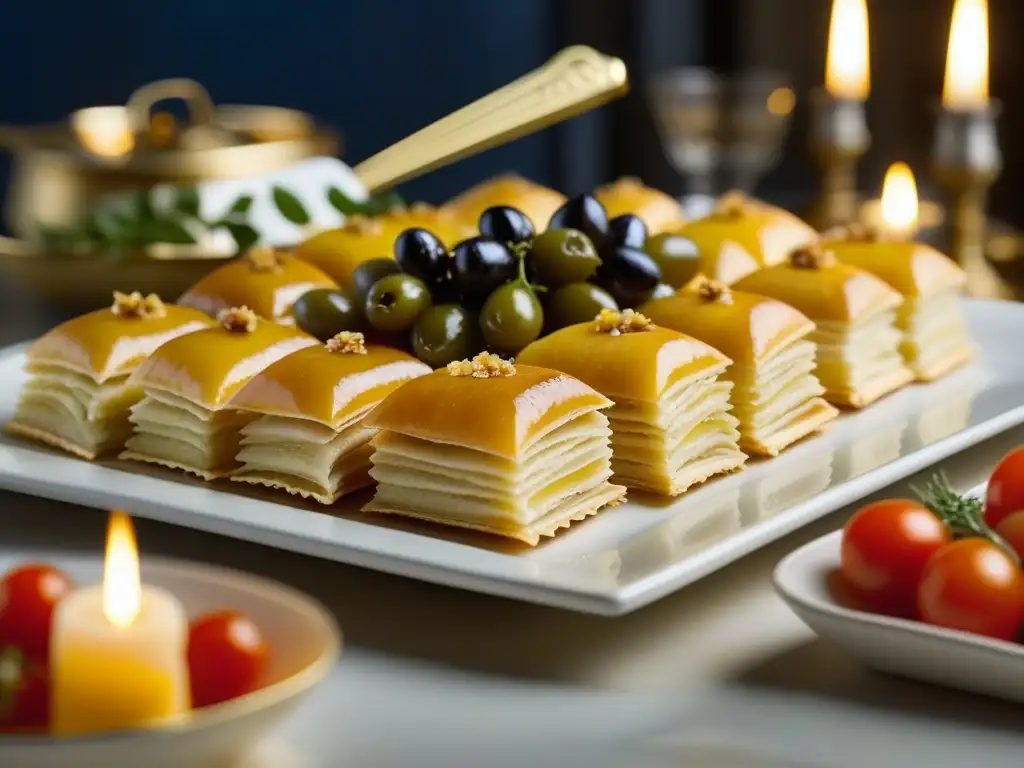 Una mesa de banquete griego lujoso con baklava, aceitunas y feta, iluminada por velas