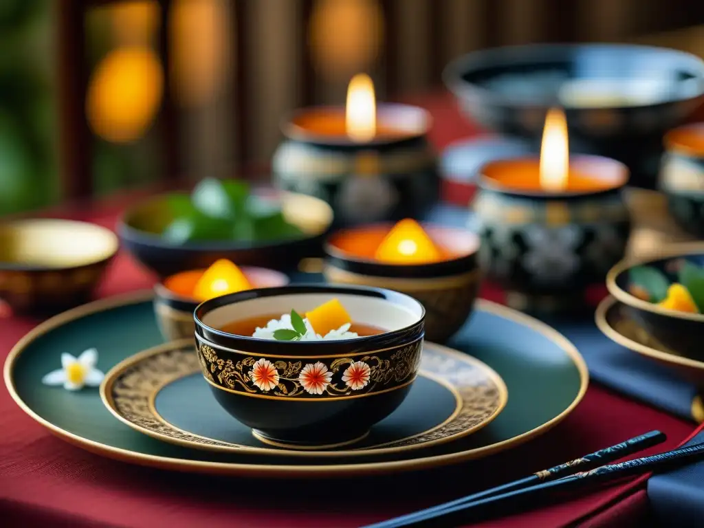 Una mesa de banquete heiana detalladamente decorada con vajilla de laca y porcelana, resplandece bajo la suave luz de las velas