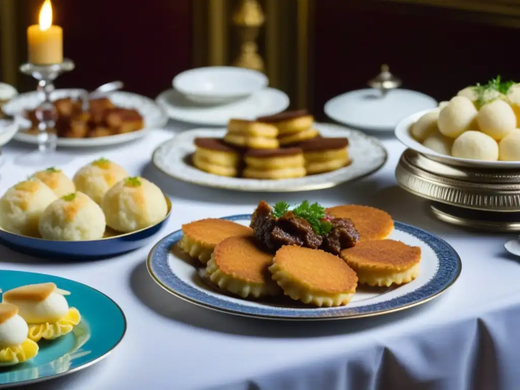 Una mesa de banquete del Imperio Austrohúngaro rebosante de platos típicos, resaltando la gastronomía del Danubio